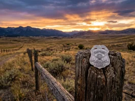 A silver marshal badge on a fence post with a Montana sunset in the background.