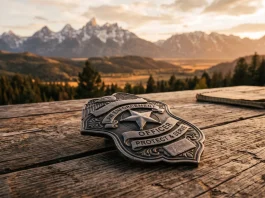 A law enforcement badge on a rustic wooden table with mountains in the background.