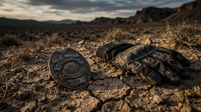 A tarnished marshal badge and a tactical glove on arid ground in a rural setting.