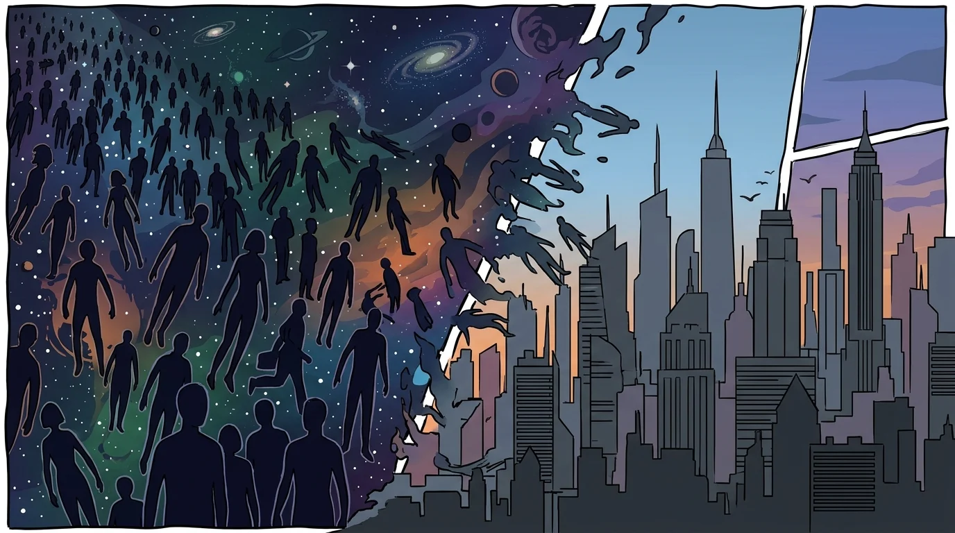 A conceptual illustration of comic book elements from different genres merging.