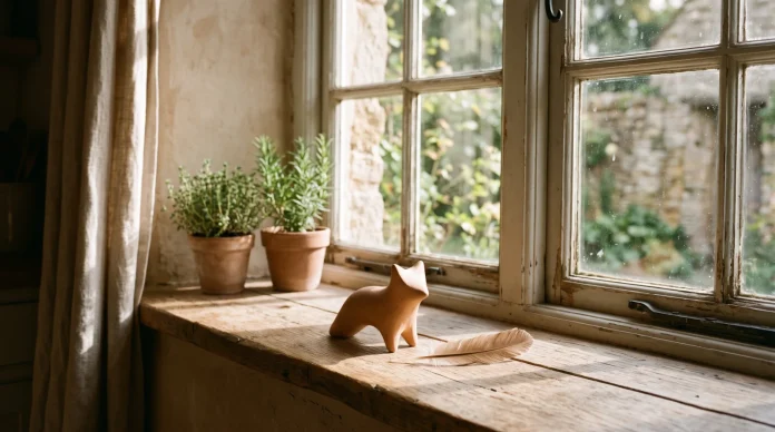 A minimalist kitchen window sill with soft morning light symbolizing a peaceful farewell.