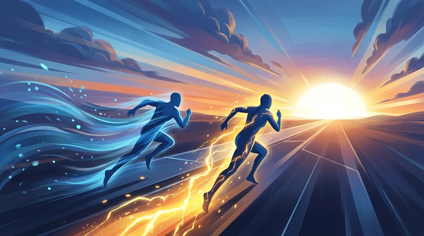 Stylized silhouettes representing speed and energy trails.