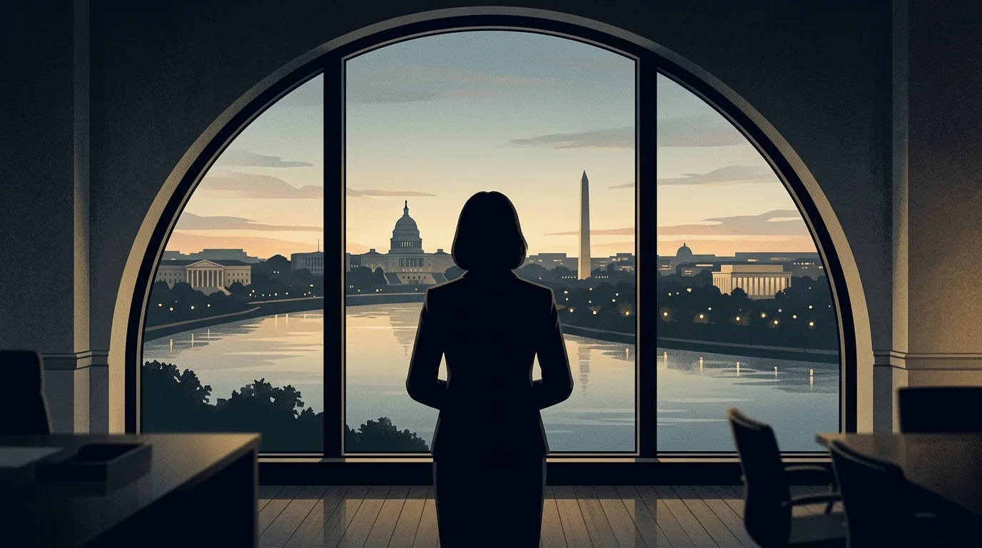 Silhouette of a man looking out an office window at the Washington D.C. skyline.