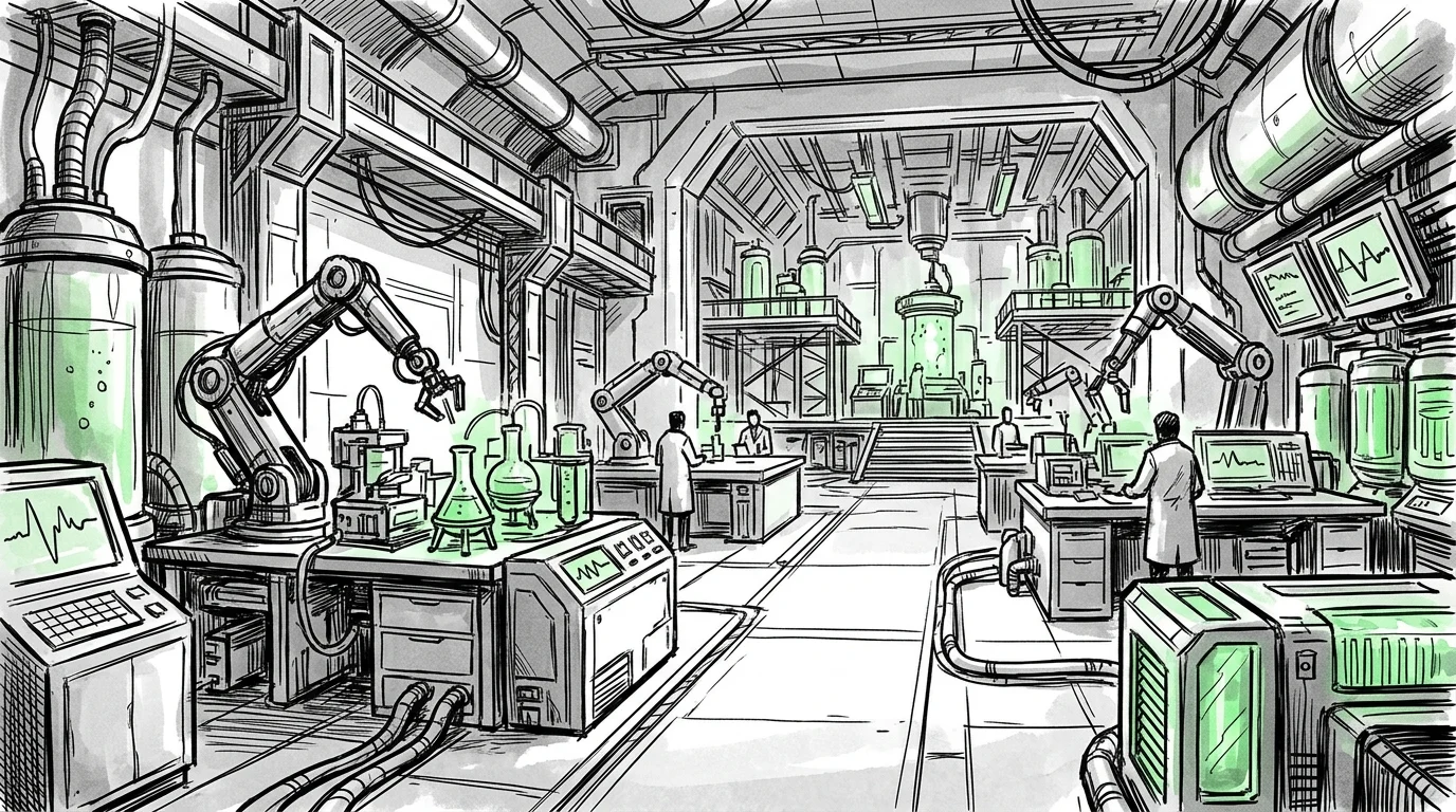 Conceptual mechanical lab with green lighting