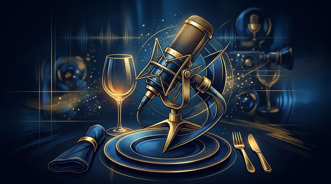 Conceptual art of a microphone and a formal dinner plate.