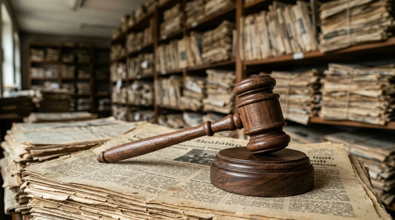 A gavel and blurred newspaper archive representing historical media timelines.
