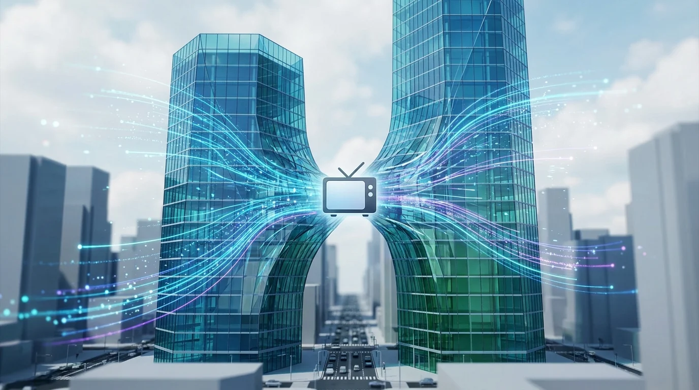 Conceptual representation of a corporate media merger and digital transition.