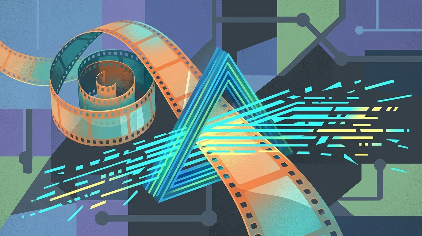Abstract visualization of a film reel and digital scanning lines.
