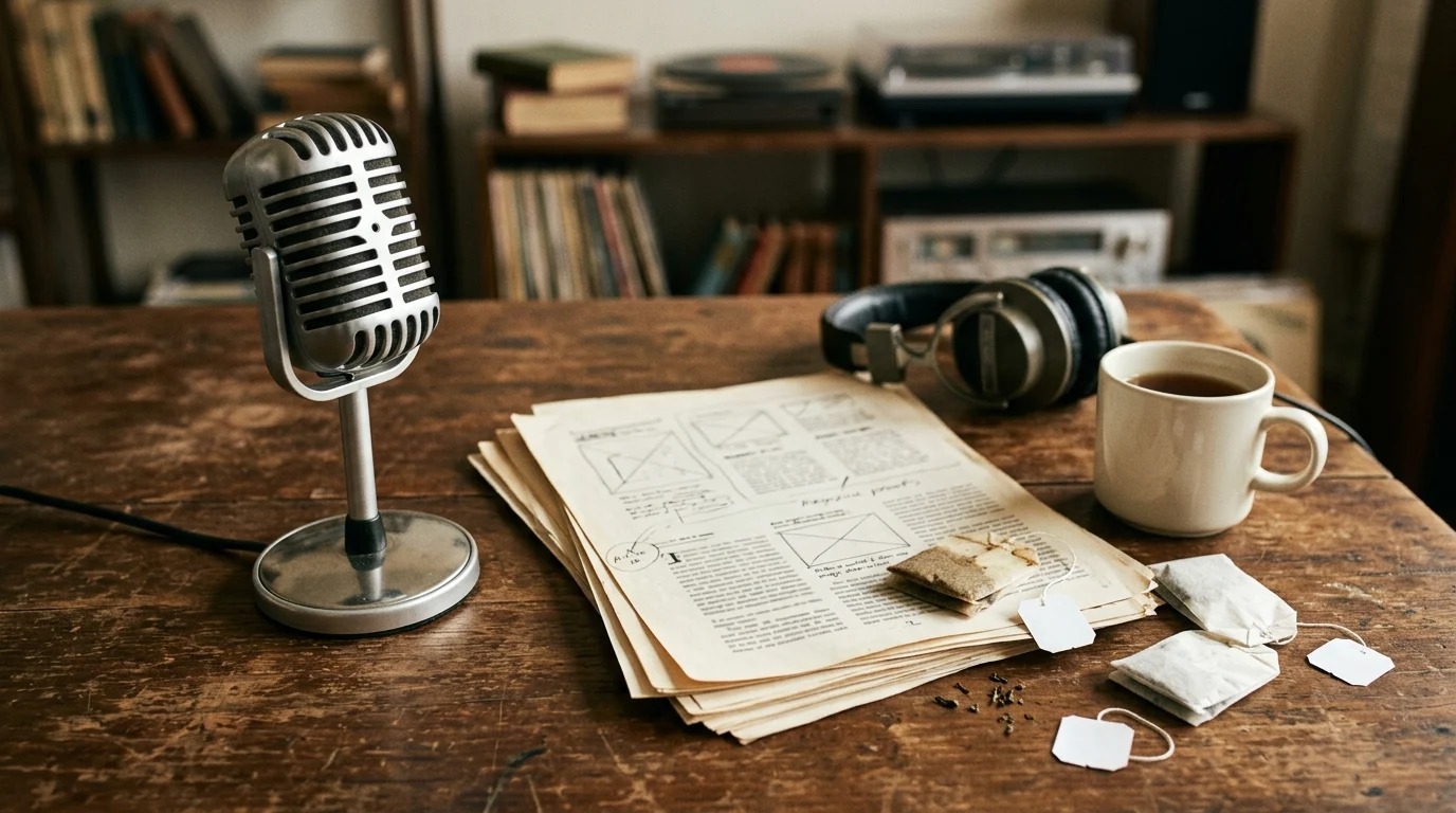 A close-up of vintage media tools including a microphone and magazine proofs.