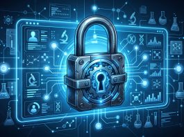 A digital padlock graphic over a laboratory data interface.