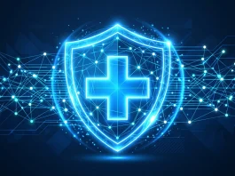 A conceptual digital shield protecting medical data nodes.
