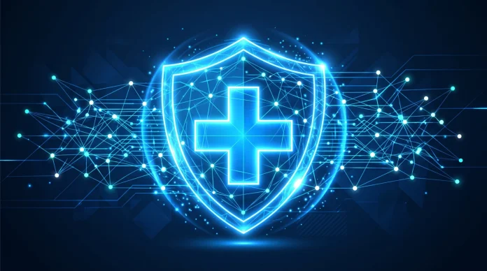 medical-data-security-concept A conceptual digital shield protecting medical data nodes.