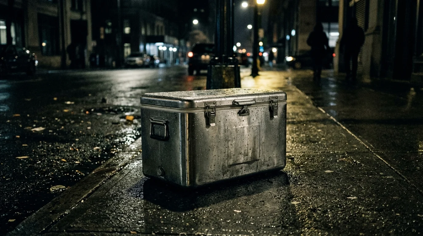 A metallic cooler on a dark street symbolizing the film's medical transport plot.
