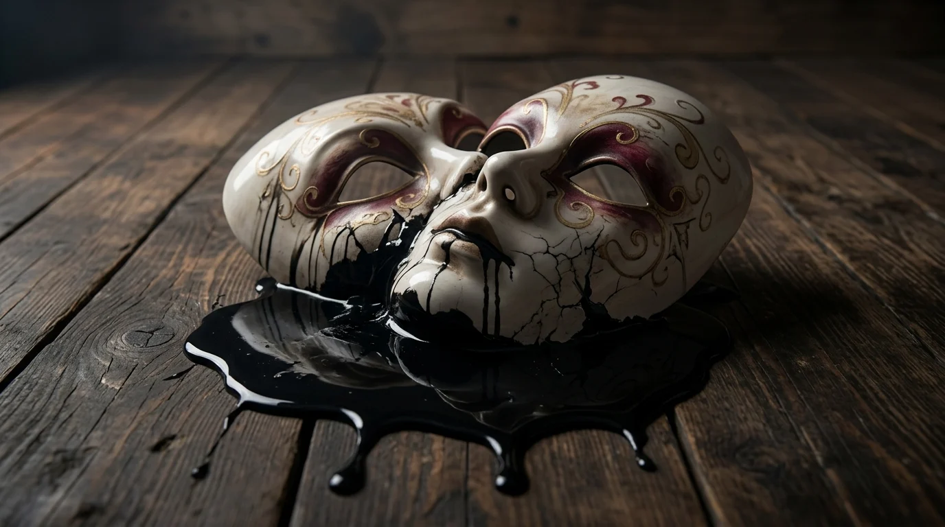 A melting theatrical mask symbolizing the tragedy of Matt Hagen.