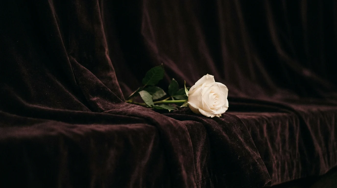 A white rose placed against a dark velvet curtain.