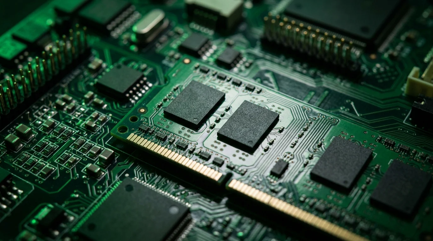 Close-up of semiconductor memory modules on a circuit board.