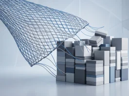 Conceptual digital art showing a data mesh retreating from a stack of information blocks.