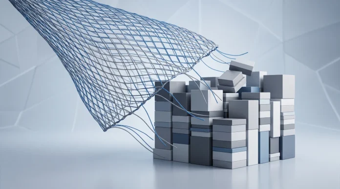 Conceptual digital art showing a data mesh retreating from a stack of information blocks.