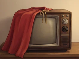 Conceptual art of a 1970s television and superhero cape