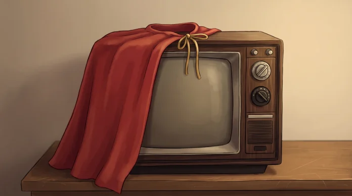 Conceptual art of a 1970s television and superhero cape