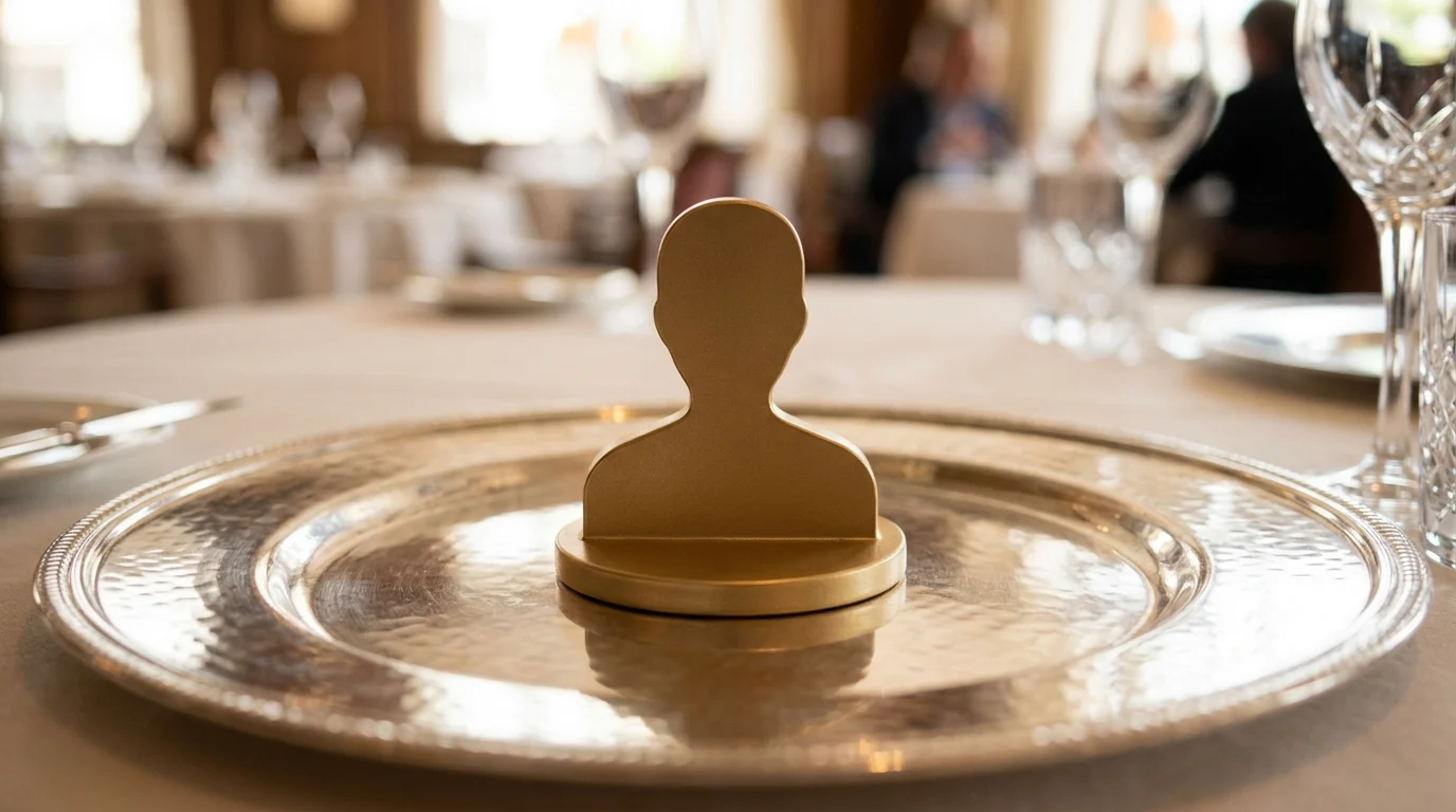 A gold anonymous silhouettes icon on a silver platter.