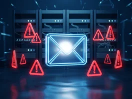 A conceptual illustration of a digital mailbox with warning signs near a server.
