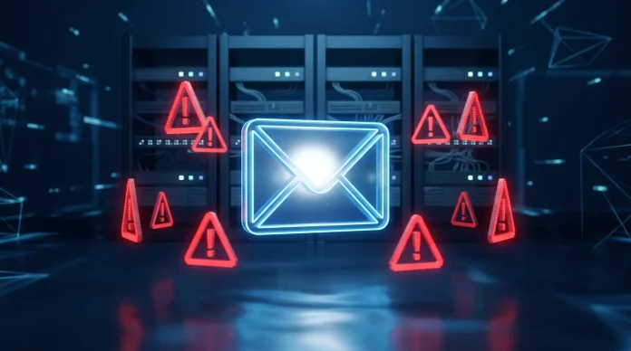 A conceptual illustration of a digital mailbox with warning signs near a server.