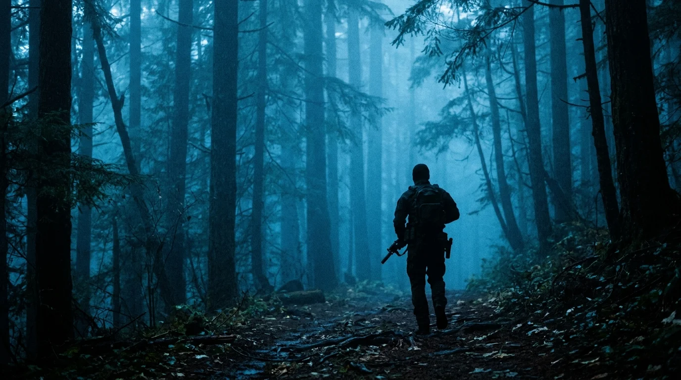 A silhouette of a figure in tactical gear in a foggy forest.
