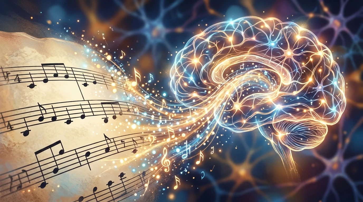 Conceptual art of musical notes and light representing cognitive recovery.
