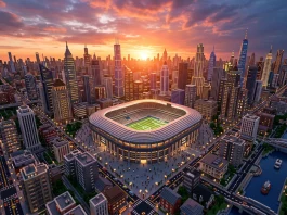 A wide conceptual view of a sprawling metropolis constructed in a block-based digital building game.