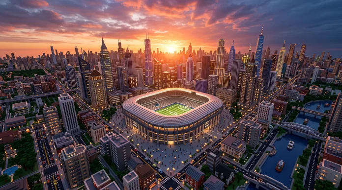 A wide conceptual view of a sprawling metropolis constructed in a block-based digital building game.