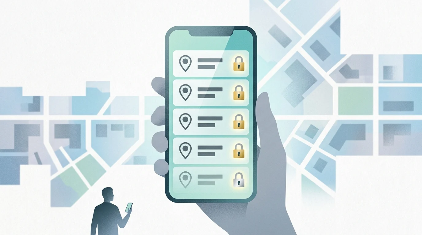 Conceptual illustration of mobile location labels and security encryption.