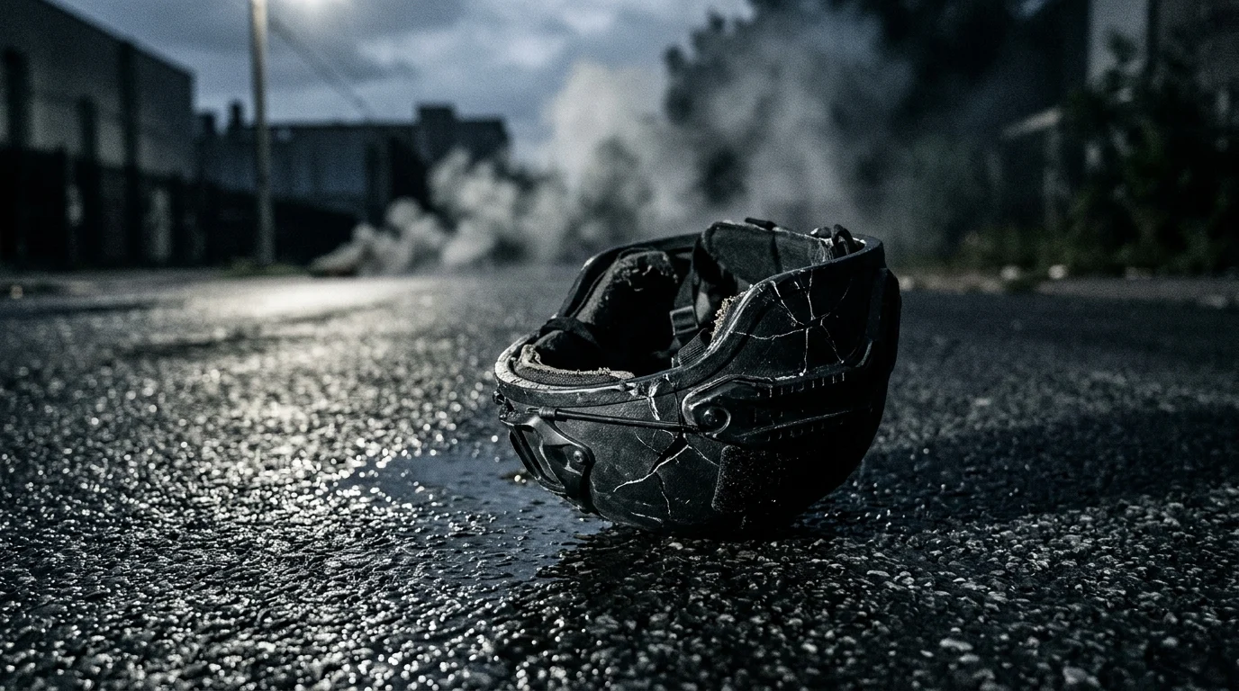 A damaged tactical helmet on the ground with smoke in a dark alley.