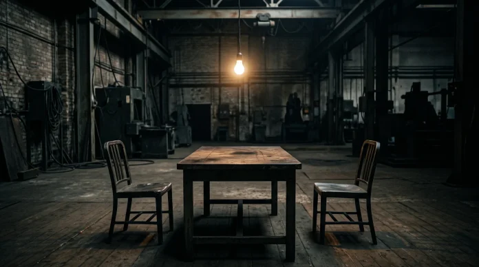 A cinematic depiction of a dark, empty negotiation table under a single light source.