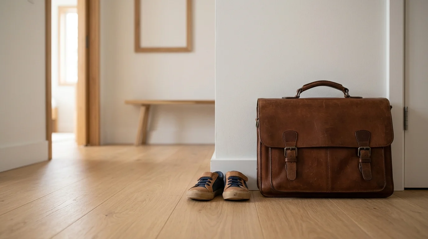 Minimalist home scene with child shoes and a briefcase.