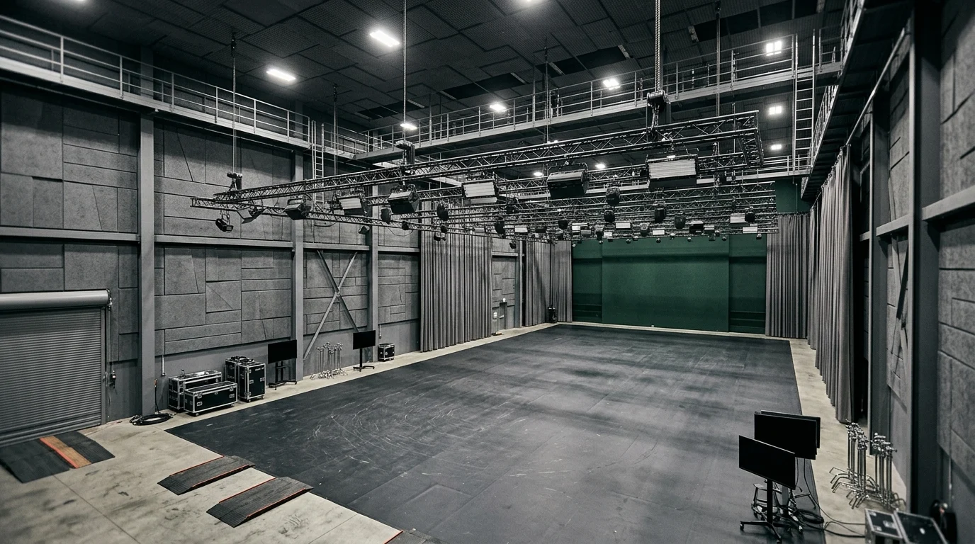 Interior of a large modern film production sound stage.