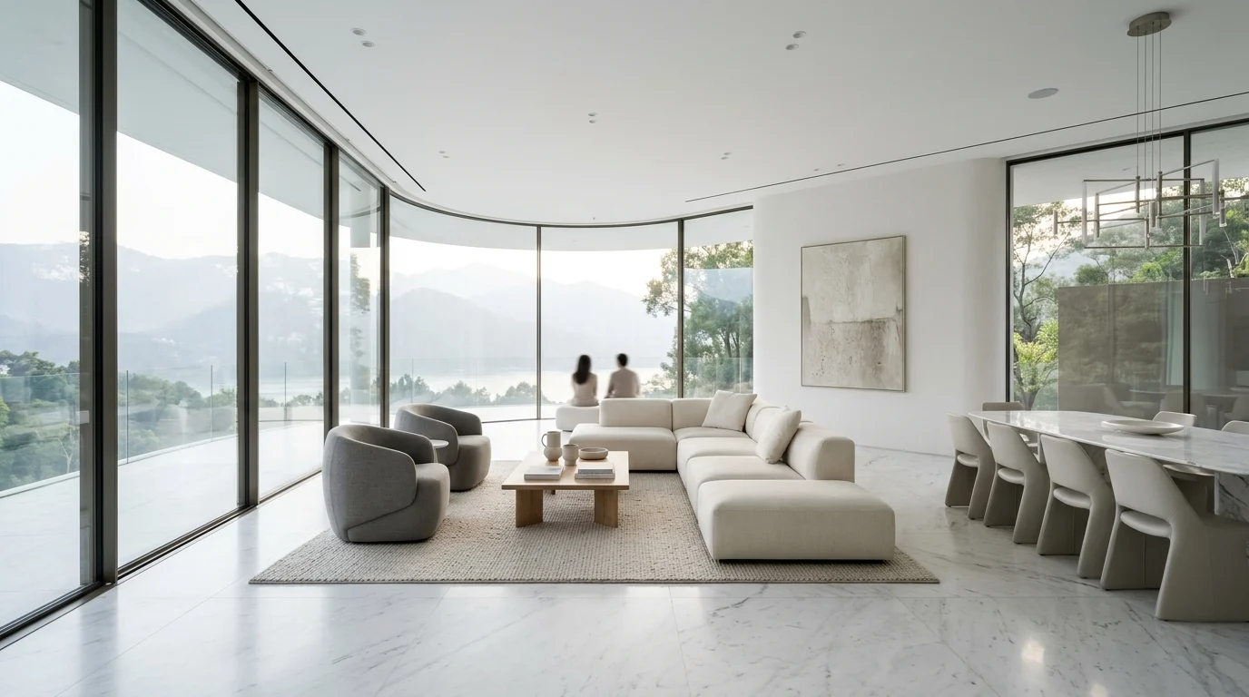 Minecraft Creator Lists Beverly Hills Mansion for $70M, Matching 2014 Price 1 A modern luxury living room with curved glass walls and city views.