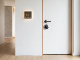 Conceptual smart home hardware including a digital thermostat and modern door lock in a contemporary setting.