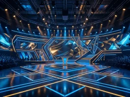 A conceptual depiction of a modern TV studio stage with blue and gold lighting.
