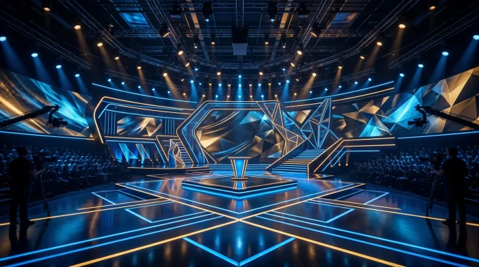A conceptual depiction of a modern TV studio stage with blue and gold lighting.