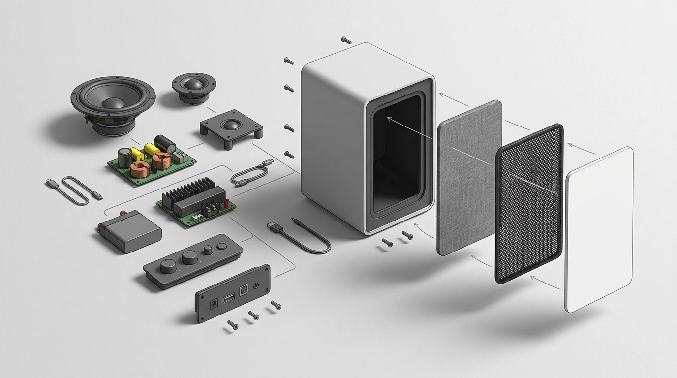 A disassembled modular speaker showing swappable components.