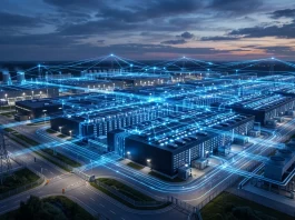 Conceptual rendering of a large-scale data center campus with glowing blue light patterns.