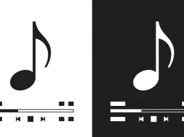 High-contrast black and white music note symbols representing light and dark mode app icons.