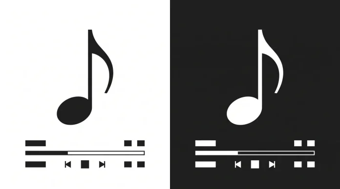 High-contrast black and white music note symbols representing light and dark mode app icons.