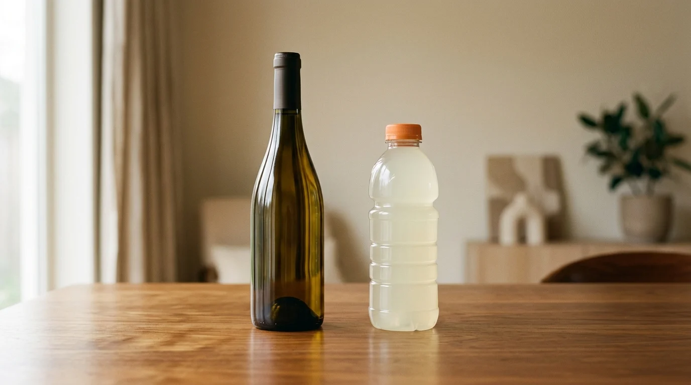 A wine bottle and an electrolyte drink on a table