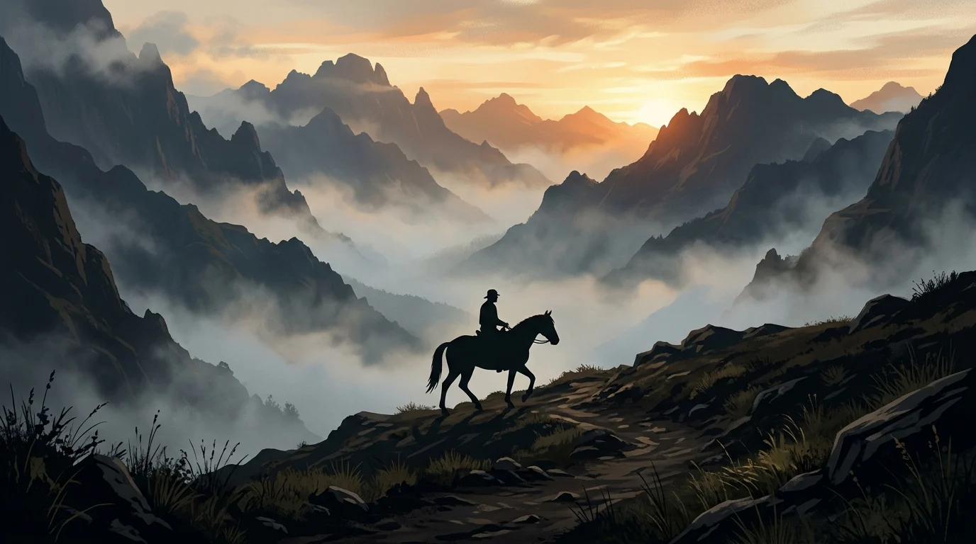 Silhouette of a rider on a horse in a mountain valley.