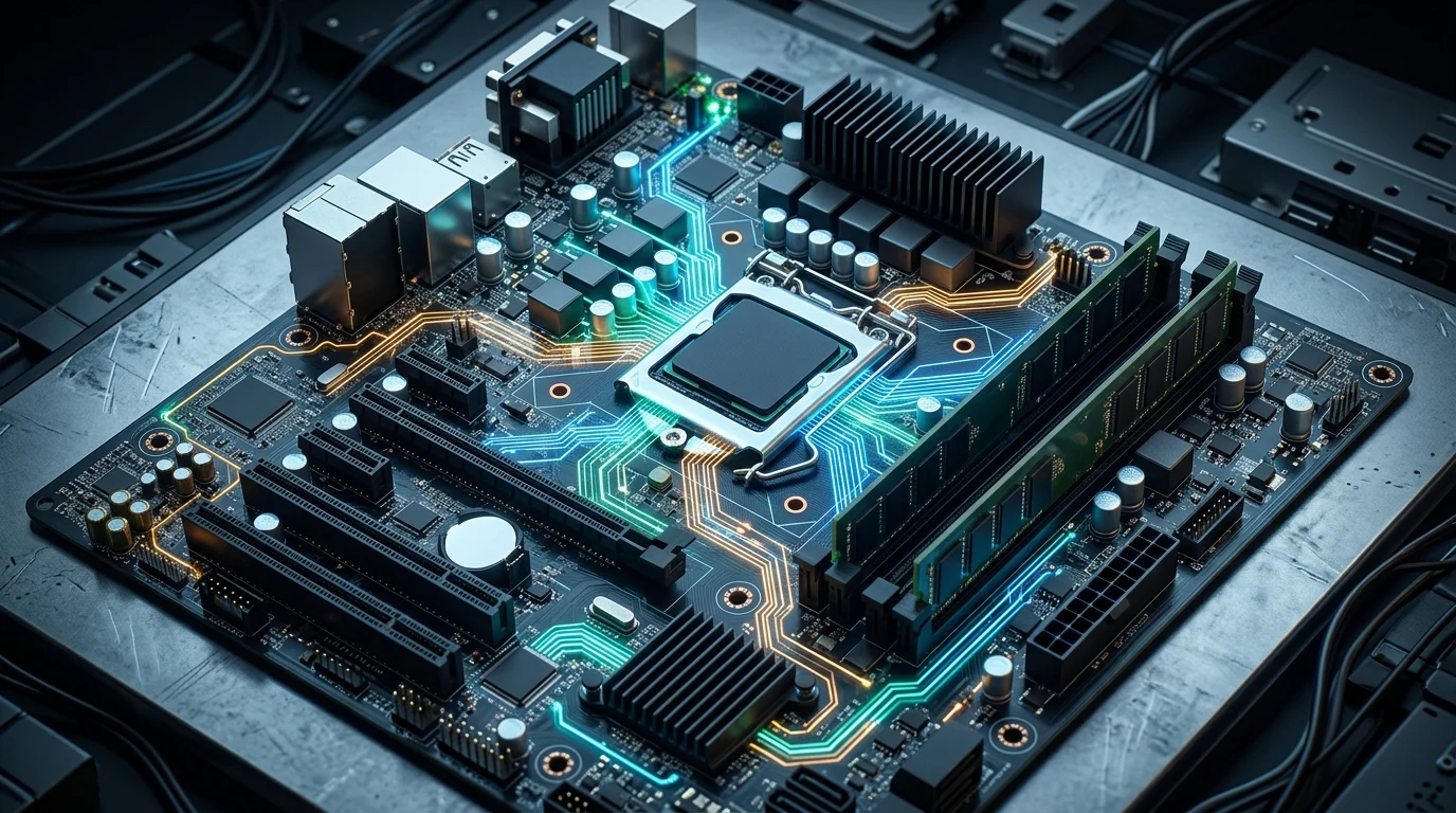 A conceptual digital representation of computer motherboard components and data paths.