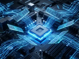 Conceptual 3D render of a computer motherboard socket and memory modules.