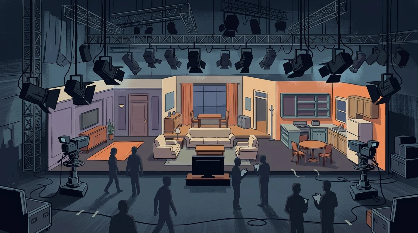 Conceptual imagery of a multicam sitcom studio set during a production break.