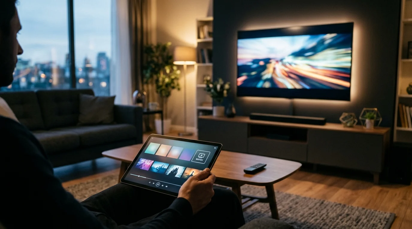 A tablet and a television screen glowing in a dark room representing multiplatform media consumption.